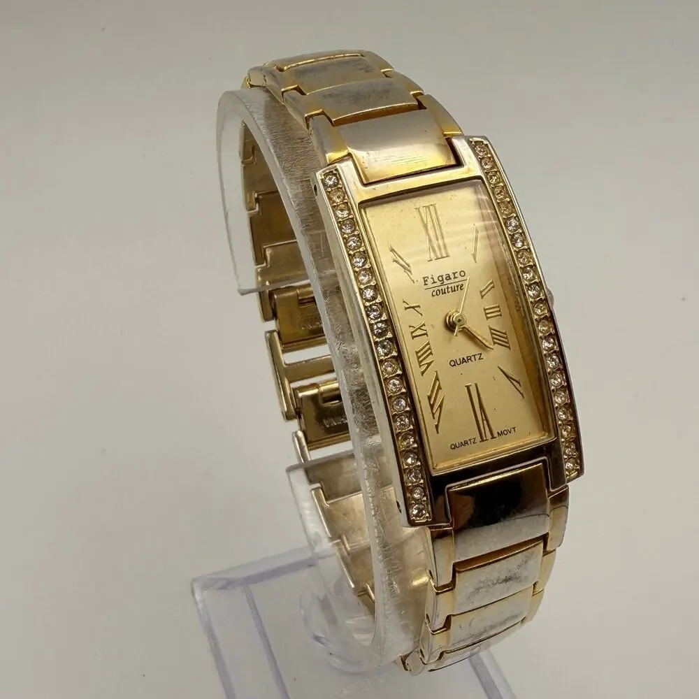 Elegant Figaro Couture Gold-Tone Rectangular Quartz Watch Working New Battery